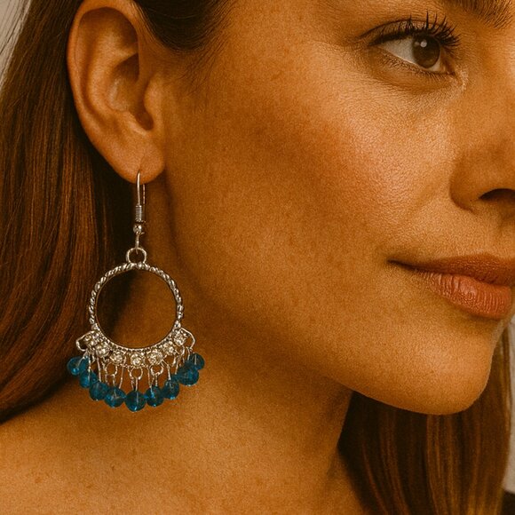 Paparazzi Blue Crystal Hoop Earrings – Silver Chain Fringe Dangle Jewelry - Picture 1 of 2